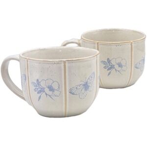 SH Home Set Of 2 Butterfly‎ Botanical Print Ceramic Coffee Mug 19oz Beige Blue